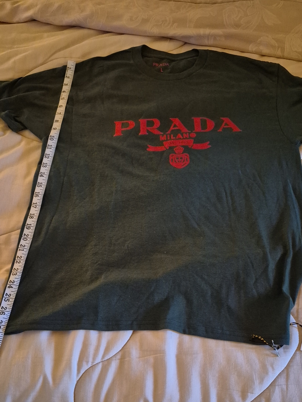Prada Dark Green Short Sleeve Tee with Red Logo